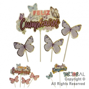 CAKE TOPPER MARIPOSA FELIZ CUMPLEAOS CON PINCHE COLORES SURTIDOS X 12